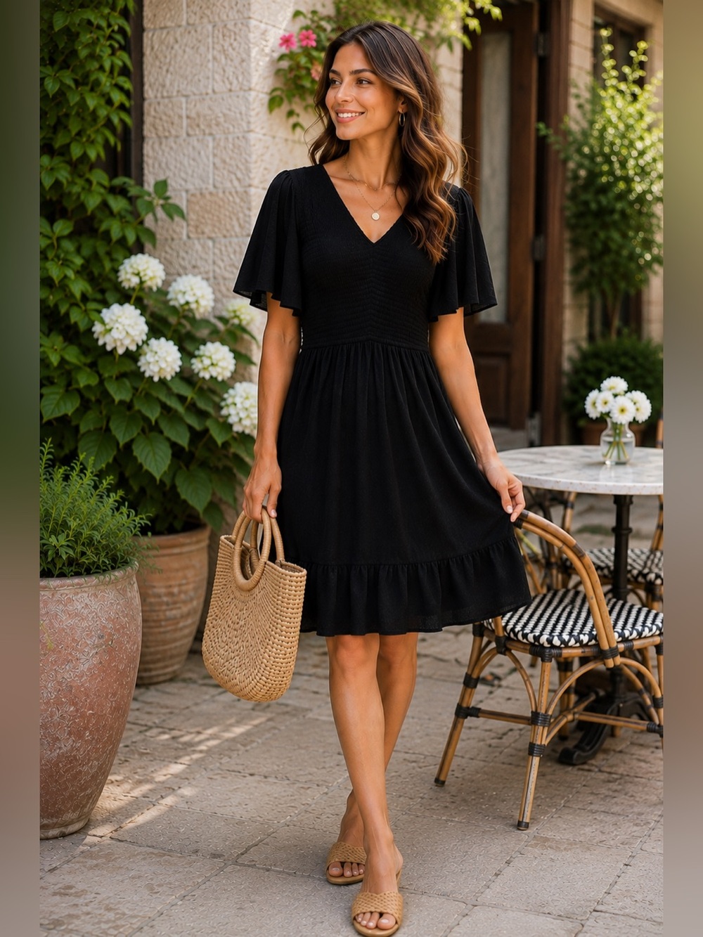Lillusory Black Smocked Midi‎ Dress Flutter Sleeve V-Neck Tiered Women's XL